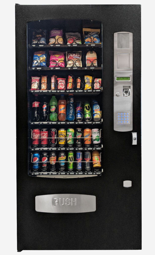 New four-wide value combo vending machine with snacks and chilled drinks — on show at the Sydney vending machine showroom