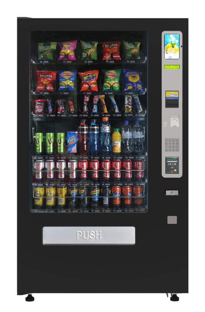 New five-wide Plus combo vending machine for snacks and chilled drinks — on show at the Sydney vending machine showroom