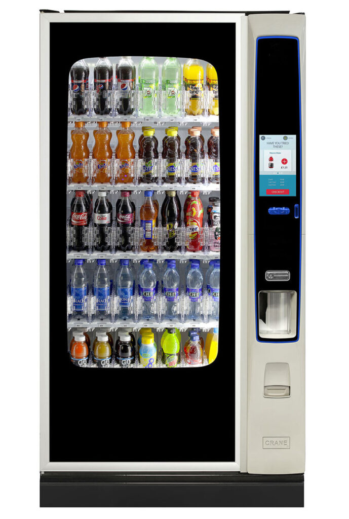 New glass-front cold drink vending machine with a large touchscreen and 35 selections — on show at the Sydney vending machine showroom