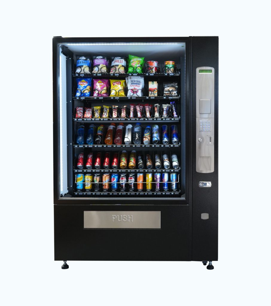 New six-wide combo vending machine with a large glass front — on show at the Sydney vending machine showroom