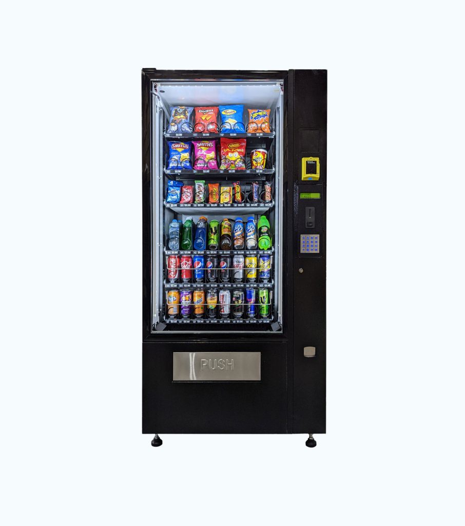 New compact combo vending machine with snacks above and chilled drinks below — on show at the Sydney vending machine showroom