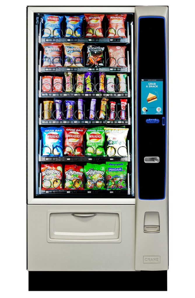 New four-wide snack vending machine with glass front — on show at the Sydney vending machine showroom