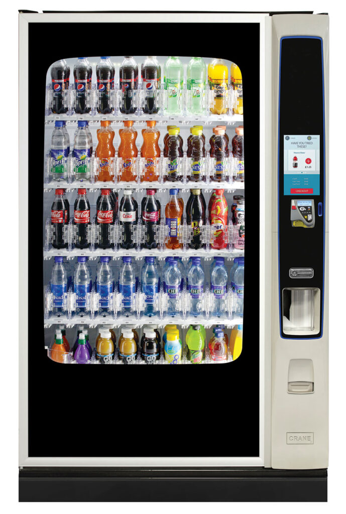 New wide glass-front cold drink vending machine with 45 selections and touchscreen — on show at the Sydney vending machine showroom