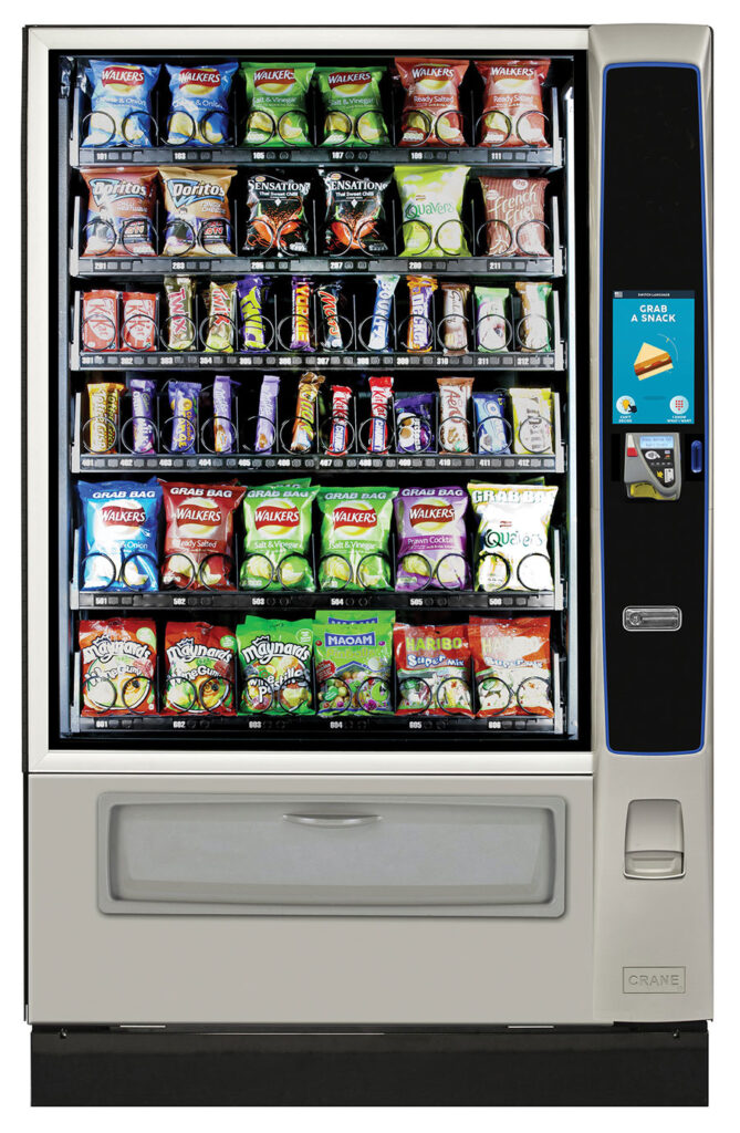 New six-wide snack vending machine with glass front and touchscreen — on show at the Sydney vending machine showroom