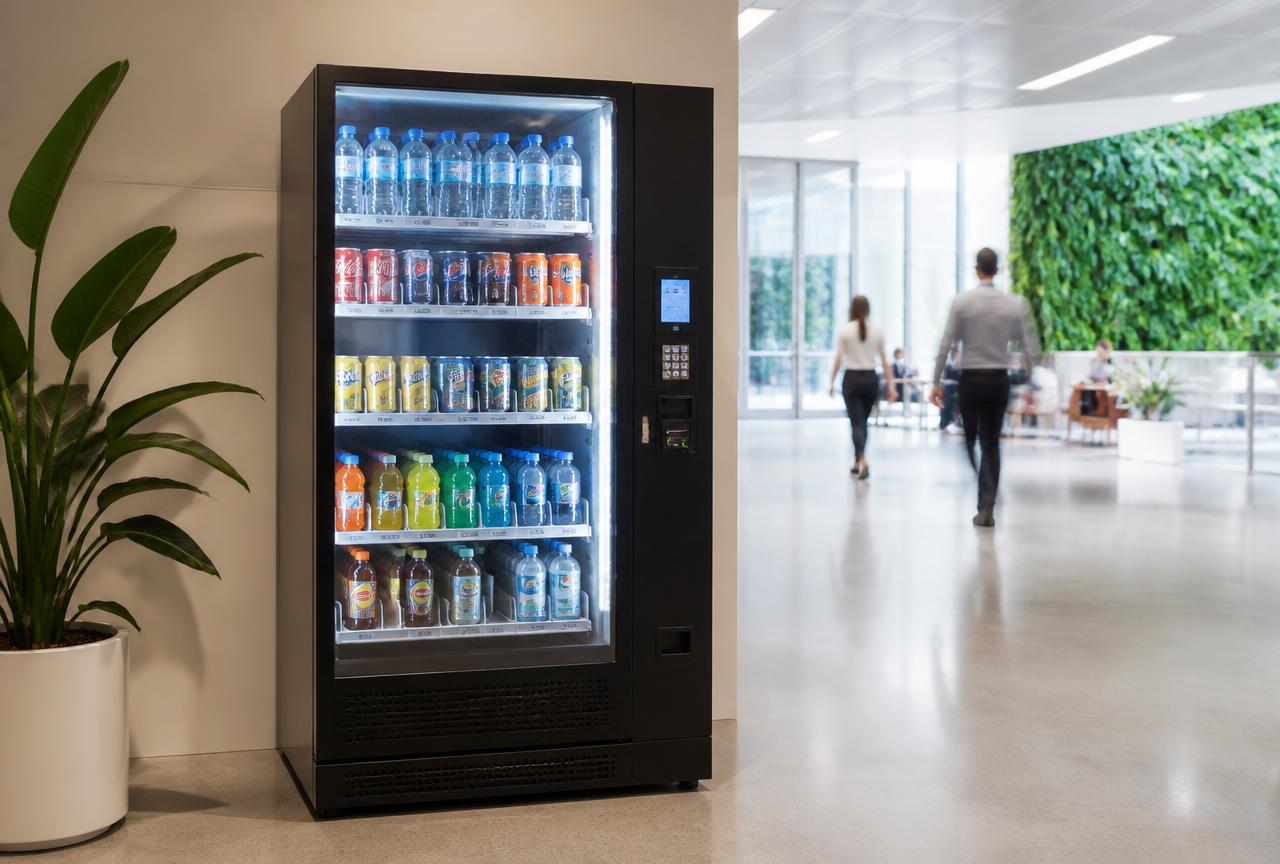Glass-front cold drink vending machine in an office foyer serviced in Melbourne