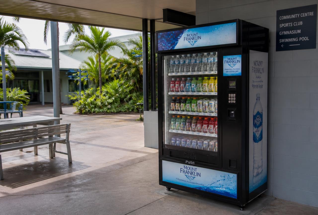 Weather-rated outdoor cold drink vending machine under cover