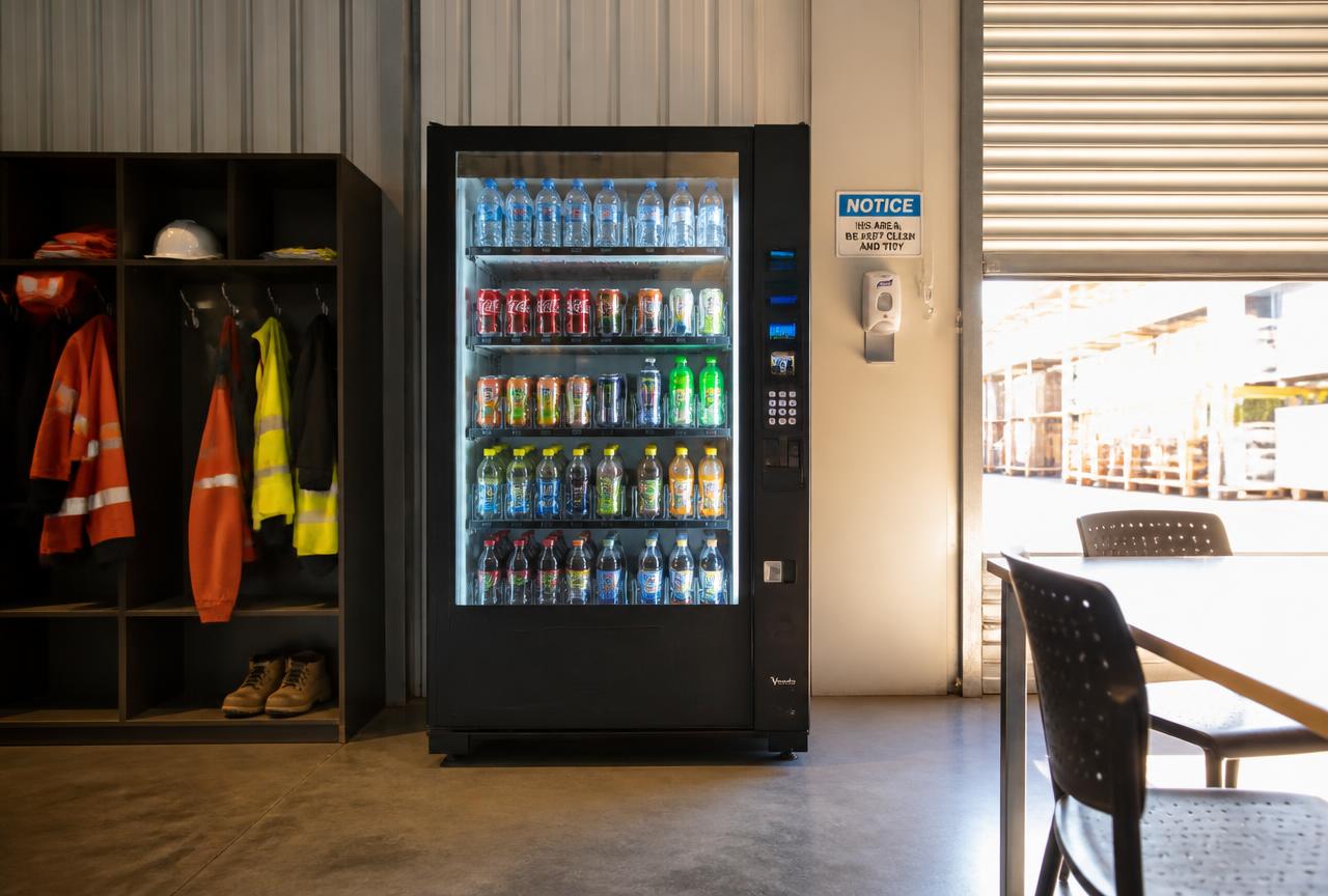 Cold drink vending machine in a warehouse crib room