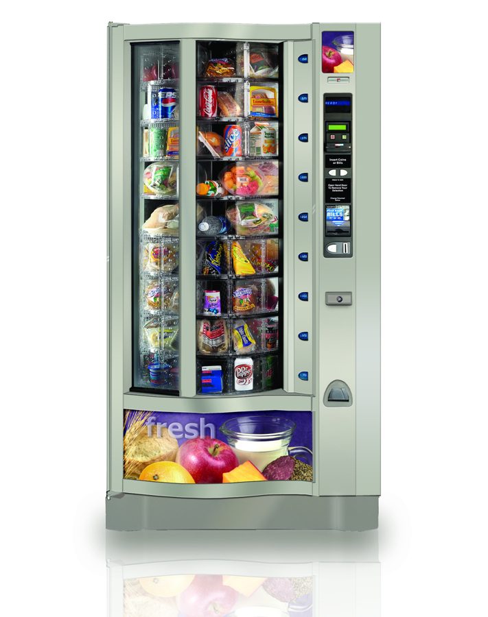 New chilled fresh food vending machine with glass front and shelf trays