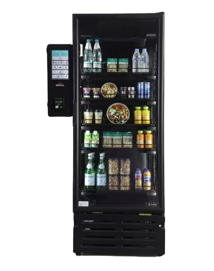 AI smart fridge vending unit where customers tap a card, open the door and take items