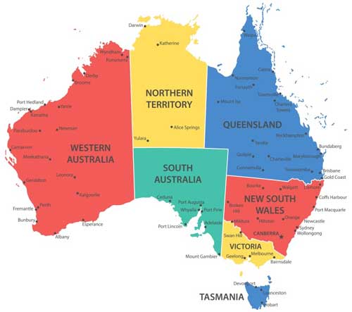 Vending Machines Service Areas Australia Map with States in various colours